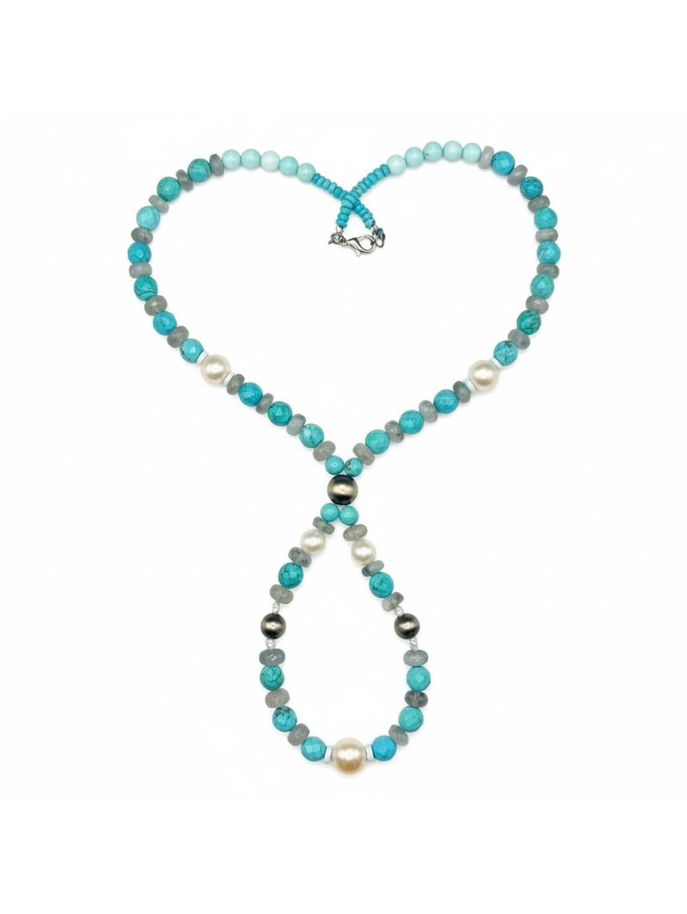 Handmade 20"-22"Kingman Turquoise, Aquamarine & Freshwater Pearl Jacla Necklace
